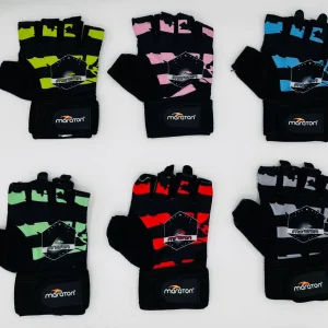 دستکش بدنسازی زنانه نیمه انگشتی ماراتن - رویه پارچه‌ای با مچ بند حمایتی