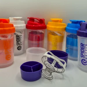 شیکر بدنسازی 3 تیکه اسپایدر (Spider) شفاف 500 میلی لیتر | همزن فلزی + محفظه قرص و پودر